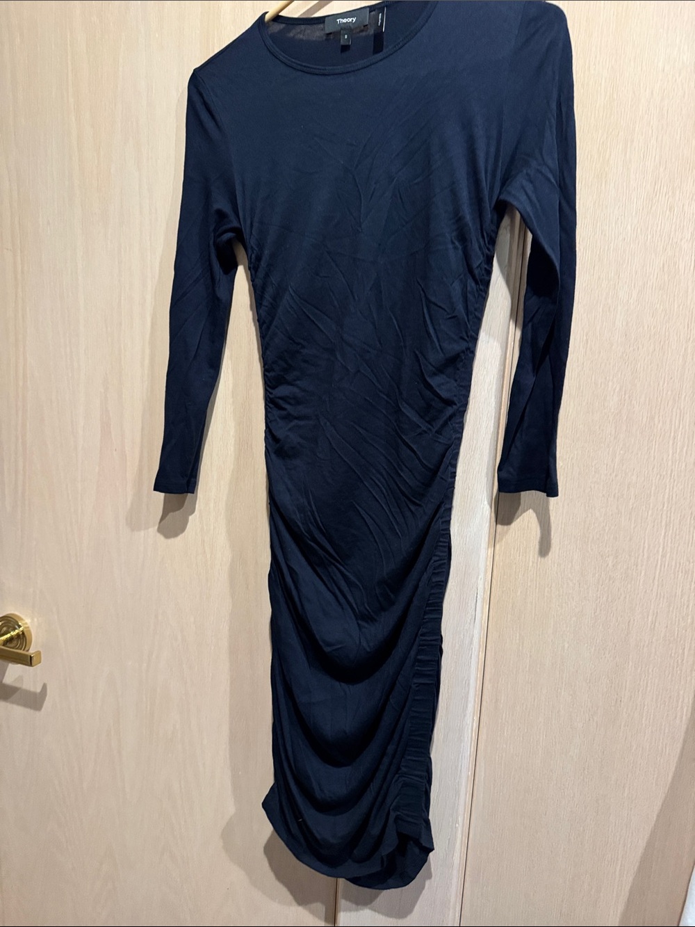 Theory Navy Long Sleeve Ruched Side Midi Dress